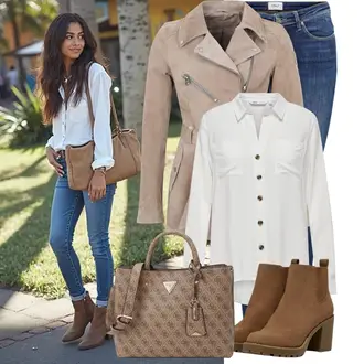 Winter Outfit mit Blau/Dunkelblau/Hellblau Lederjacke/Low Rise Jean/Low Waist Jean/Push up Jeans/Slim Fit Jeans/Cuir Chaussures/Winterjacke Only "Stilvoller Look für den Frühling"
