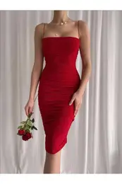 64500 Thin Strap Draped Midi Evening Dress-RED