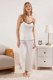 White Lace Detail Ribbon/Bow Knitted Corduroy Pajama Set
