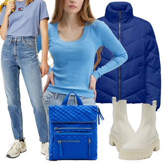 Jízda na koni Outfit s Modrá/Světle modrá/Lilové barvy/Fialová Kožená Pánská Bund/Džíny Regular Fit/Mom Jean/Girlfriend Džíny/Vintage džíny/Zužující se Džíny/Dad Džíny/Formální Košile Tommy Jeans "Zimní outfity"Look: Jízda na koni, Volný čas