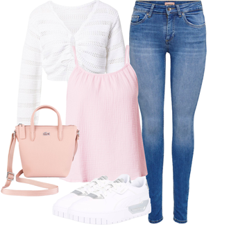 Outfit mit Rosa/Beige/Blau Schultertasche Lacoste "Perfekt für den Sommer"