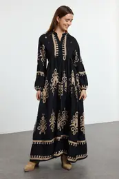 Black Authentic Patterned Viscose Woven Dress