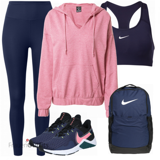 Sport Outfits mit Schwarz Strumpfhose Nike, Blau Sportschuh Nike, Beige Nike, Blau Rucksack Nike "Sport Outfit"