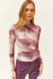 Women's Pale Pink Drape Detailed Front Lined Tulle Blouse