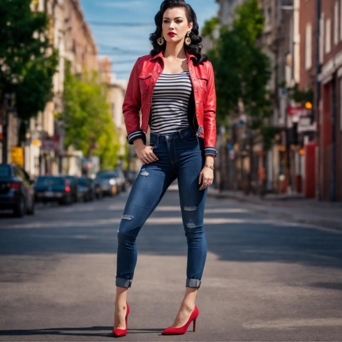 Comment poter Rouge/Rouge foncé Escarpin et Talon Haut/Chaussure d'Été/Sandales Sandale à Talon Haut/Sandalette à Talon Bloc Dorothy Perkins avec Bleu foncé Veste en Cuir Tommy Jeans