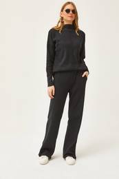 Women's Black Bottom Pocket Trousers Top High Collar Blouse Raised Suit