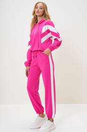 Trend Alaat Stili Women's Fuchsia Hooded Half Zippered Sweatshirt and Elastic Leg Tracksuit Set