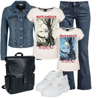 Sommer Outfits mit Hellblau/Blau/Fliederfarben Jeans mit Schlitz/Low Waist Jean/Schlaghose Jeans/Schlupfjeans/Low Rise Jean/Sportschuhe/T-shirt Black Premium by EMP "Outfit voor de zomer"