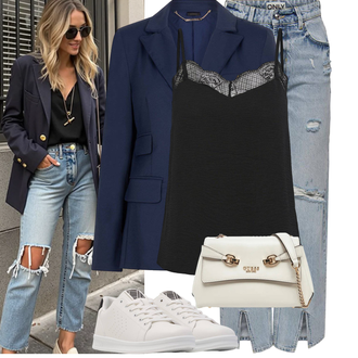 Outfit met wit/Lichtgrijs/grijs Leren sneaker/Lage Sneaker/Skateschoen/Smalle sneaker/Sneaker met gaatjesmotief/Sneaker met Zijrits/Zomer sneaker Hummel "Modieuze lente-outfit"
