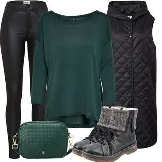 Outfit mit DunkelGrün/Grün/Türkis Bluse Große Größe/Klassische Tunika/Elegante Tunika/Festliche Tunika/Lederjacke/Longbluse/Langarmbluse/Tuniken-Shirt/Wikinger Tunika/Shirt & Top Große Größe/Tunika/T-Shirt mit 3/4-Ärmel/Klassische Länge/Casual Top/Langes Oberteil/Longshirt/Hemdoberteil Only "Winterlicher Look"
