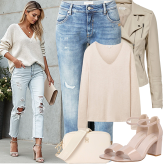 Outfit sa Bež/Bijela/Pink/Kaki Pletivo Veći Broj Tom Tailor, Pink/Smeđa/Bež Sandala na Petu/Sandalice s blok petom/Sandala s petom About You "Frühlings Outfit"