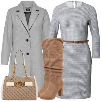 Business Outfits Business, Casual mit Grau/Hellblau/Blau Wickelstrickjacke/Wolle Strickjacke/Stehkragen-Strickjacke/Rundhals-Strickjacke/Lange Strickjacken/Strickjacke Gefüttert/Morgenmantel/Winter StrickKleid/PulloverKleid/Langes StrickKleid/Kleid mit Gürtel About You "Büro Outfit"Look: Business, Maritim, Büro, Overdressed