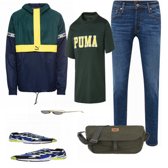 Outfit mit Schwarz/Grün Schultertasche Fjällräven "Outfits mit Uebergangsjacken fuer Herren"