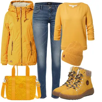 Turistika Outfit s Žlutá/Hnědá Zimní bota/Teniska Zimní Tenisky/Trekingová Bota/Šněrovací Kozačka Rieker "Skvělý podzimní Outfit"Look: Trekking, Turistika, Bruslení, Apres ski