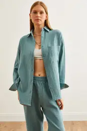 Women's Mint Green Oversize Basic Muslin Shirt