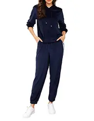 Clearlove Hausanzug Damen Jogginganzug Set Trainingsanzug Velours Sportanzug Kapuzenpullover und Hose Freizeitanzug Winter mit Kordelzug und Taschen Navy Blau M
