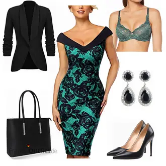 Edel Outfit mit Grün/Türkis/Rosa/Rot Schickes Kleid/Schmales Kleid/Kleid Standesamt-gast/EtuiKleid/CocktailKleid/Bedrucktes Kleid/JerseyKleid/Rock''n''roll Kleid/Bodycon-Kleid HOMEYEE "Caroline"Look: Vintage, Nahtlos, Overdressed, Glamourös, Elegant, Edel, 80er
