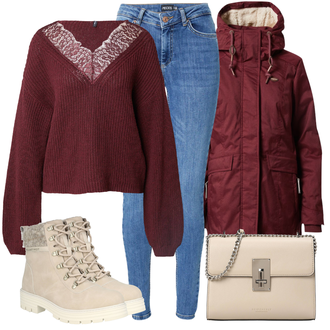 Urlaub Outfits Old Money mit Blau/Hellblau Lederjacke/High Waist Jeans/Jeans mit Schlitz/Low Waist Jean/Push up Jeans/Slim Fit Jeans/Schlupfjeans/Leder Schuhe/Winterjacke Pieces "Outfit für den Winter"Look: Uni, 90er, Casual, Coole, Schön, Old Money