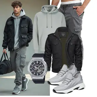 Outfit mit Schwarz/Dunkelgrün/Khaki/Dunkelgrau Uniformjacke/Jacke mit Seitlichem Reißverschluss/Cargojacke/Winterjacke/Herbstjacke/Militärjacke TACVASEN "Freizeit Outfit"