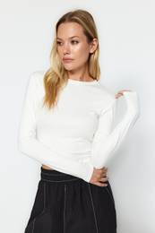 Ecru Premium Soft Fabric Viscose Crew Neck Crop Flexible Knitted Blouse