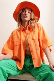 Trend Alaat Stili Women's Orange Double Pocket Half Sleeve Linen Shirt