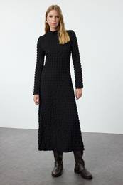 Black Plain Textured High Collar A-Line Flexible Maxi Knitted Dress