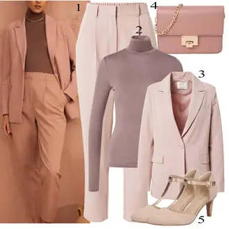 Kombinacije za posao Chic s kopčom Koža sa Pink/Bež/Smeđa Pumpa u obliku slova T/Cipela Mary Jane/Vintage Pumpa About You "Tvoj otmjeni outfit"Look: Stil, Francuske, Chic, Elegantan, Šik, Old Money