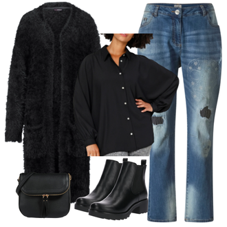 Oversize Kurz Outfit mit Schwarz Chelsea Boot/Lederjacke/Flache Stiefelette/Gummistiefelette About You "Leichtes Outfit"Look: Uni, Schick, Edel, Coole, Oversize, Techno, Unisex, Wetlook