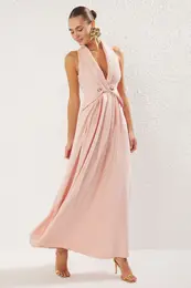 Powder Accessory Detail Double Breasted Maxi Chic Evening Dress