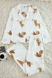 Ecru Tiger Patterned Viscose Woven Pajama Set