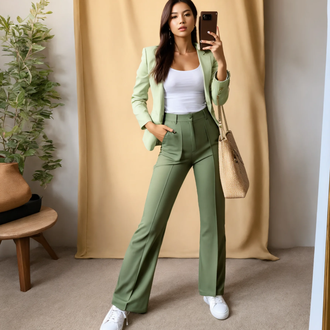 Outfit s Zelená/Neonové barvy Zvonová Kalhoty/Rozšířené legíny/Rozšířená Kalhoty/Kalhoty se Štěrbinou/Kalhoty Bootcut/Zvonové Legíny about you x laura giurcanu "Piknikové rande outfit"