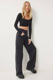 Happiness stanbul Women's Black Wide Leg Cargo Jeans