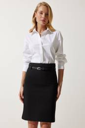 Happiness stanbul Women's Black Belt Thick Knitted Skirt