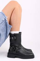 Women's Brocks Black Skin Buckled Thick Sole Boots