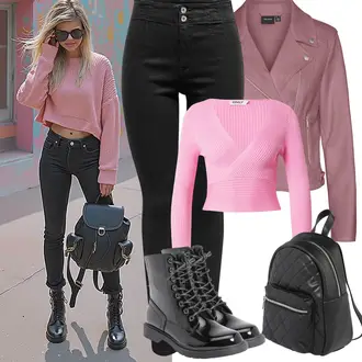 Outfit mit Rosa Bikerjacke/KunstLederjacke/Jacke mit Seitlichem Reißverschluss/Lederjacke/Motorradjacke VERO MODA "Frühling outfit"