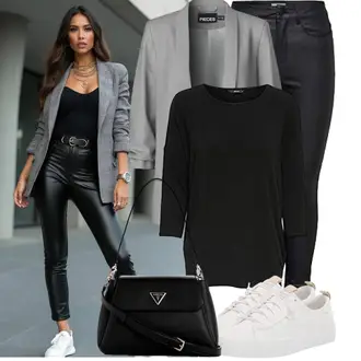 Oversize Outfit mit Grau/Hellgrau Blusenblazer/Lederjacke/Lederjacke für Männer/Eleganter Blazer/Oversize Blazer/Boyfriend Blazer/Longblazer Pieces "Leichtes Outfit"Look: Edel, Smart Casual, Unisex, Elegant, Oversize, Schick, Ausgefallene, Casual, 20er Jahre, Classic