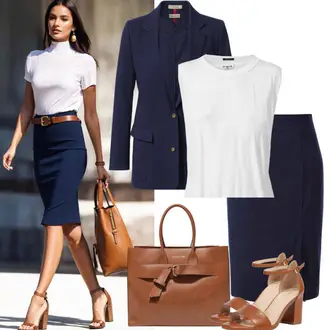 Smart Casual Outfits Sommer mit Blau/Dunkelblau Bleistiftrock/Büro Rock/Schuluniform Rock/Standesamt Rock/Knielanger Rock/College Rock GREIFF, Braun/Orange/Beige Tragetasche/Schultertasche/Tasche Büro/Schultertasche/Shopper-Tasche/Shopper Tom Tailor, Dunkelblau Blusenblazer/Blazerjacke/Longblazer/Boyfriend Blazer/Oversize Blazer VERO MODA Curve, Creme/Weiß Kurzes Oberteil/Graphics T-Shirt/Ärmelloses Shirt/Herrenschuhe/Crop Top/Cropped Tank Top bella + canvas, Braun/Beige Lederschuh/Vintage Sandale/Sommer Schuh/Sandalen Mit Absatz/Spangenschuh/Sandalen Mit Blockabsatz bariello "Cooles Alltagsoutfit"
