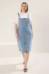 Curve Blue Button Front Suspender Rigid Denim Plus Size Dress