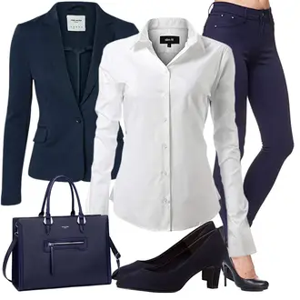 Outfit mit Blau/HellBlau/DunkelBlau Baumwoll ­Blazer/Boyfriend Blazer/Sweatblazer/Blazerjacke/Blusenblazer/Lederjacke/Lässiger Blazer/Lederjacke für Männer/Kurzblazer/Eleganter Blazer/Strick­blazer/Lederjacke VERO MODA "Stylischer Bürolook"