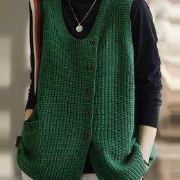 Women's Elegant Green Knit Cardigan Vest With Pockets - Button-up Sleeveless Loose Fit Sweater For Casual , Retro , Layering Piece Vintage