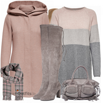 Outfit mit Grau/Hellgrau/Braun/Beige Overknee Stiefel/High Heels Stiefel/Kniehoher Stiefel/Leder Overknee Stiefel/Langer Stiefel/Spitzer Stiefel/Stiefel Mit Reißverschluss About You "Auffälliger Look für den Herbst"