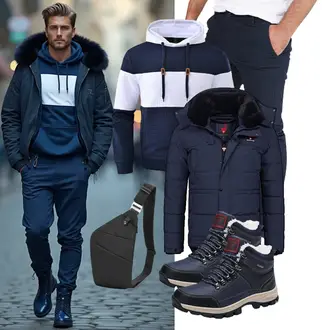 Outfit mit Dunkelblau/Blau/Hellblau Wasserdichter Stiefel/Wasserdichter Outdoorschuh/Wasserfester Schuh/Winter Sneaker/Trekkingstiefel/Herren Lederschuhe ARRIGO BELLO "Freizeit Outfit"
