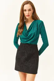 Women's Emerald Green Waistband Pleated Turndown Collar Blouse