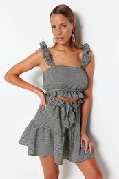 Gingham Patterned Woven Ruffle Blouse and Skirt Set