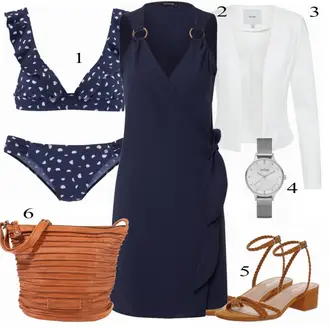 Outfit s Modrá/Tmavě modrá/Světle modrá Balconette-bikini/Vintage Bikiny/S Kosticemi/Zavinovací bikini/Bikinové plavky s vycpávkami/Bikiny s průstřihem/Trojúhelníkové Bikiny/Bikiny s volánky JETTE "Hezký letní vzhled"