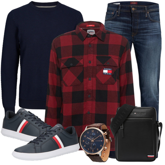 Outfit mit Dunkelblau Basic Pullover/Feinstrickpullover/Kaschmir Pullover/Strickpullover/Einfacher Pullover/Thermo Pullover/Winterpullover/Wollpullover/2-in-1 Pullover/Rundhals Pullover Jack & Jones "Freizeit Outfit"