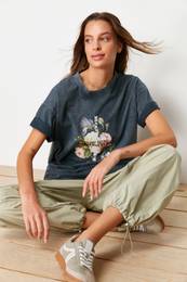 Anthracite 100% Cotton Printed and Faded Effect Oversize/Wide Pattern Knitted T-Shirt