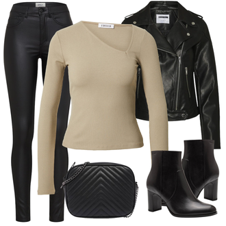 Outfit mit Schwarz Mantel/Bikerjacke/Kurzjacke/KunstLederjacke/Lederjacke/Motorradjacke/Vintage Lederjacke Noisy may "Cooles Alltagsoutfit"