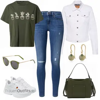 Outfit mit Grau/Creme/Hellgrau/Weiß Mantel/Bluse Große Größe/Crop Jacke/Kurzjacke/Jeansjacke/Shirtjacke/Kurze Jeansjacke/Sommerjacke Only "Kaktus Freizeitoutfit"