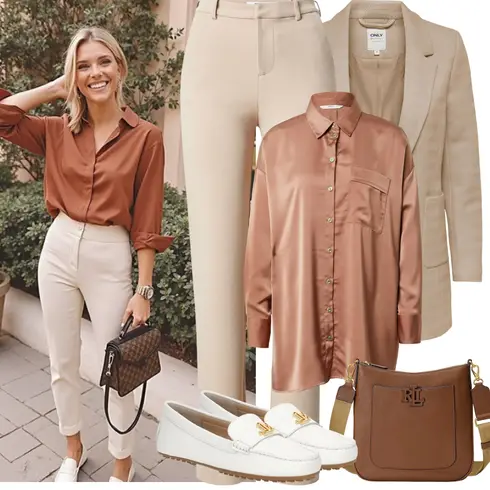 Comment poter Beige/Marron/Doré Chemisier Long/Chemisier Oversize/Chemisier Satiné/Chemisier en Soie/Chemisier-tunique Only avec Beige/Kaki Cardigan d'Hiver/Cardigan en Coton/Gilet Doublé/Cardigan Vintage/Cardigan d'Été/Cardigans Longs/Déguisement Cardigan/Cardigan en Laine/Cachemire-Cardigan/Costume Veste en Cuir pour Homme/Veste en cuir pour hommes/Sweat Blazer/Blazer Oversize/Blazer Boyfriend/Blazer Long Only